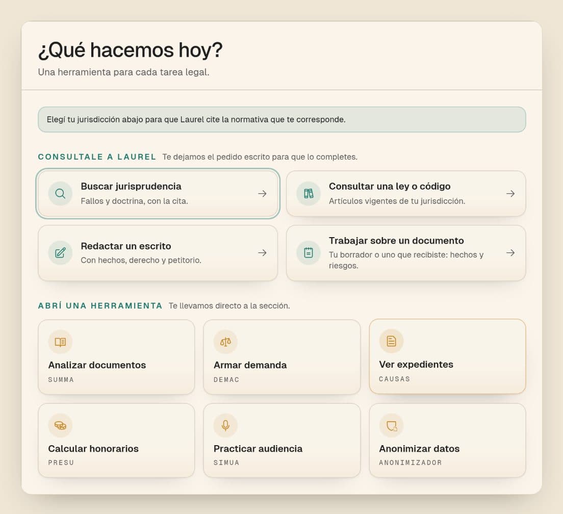 Pantalla de inicio de LexGate con las herramientas ordenadas por tarea: investigar, analizar documentos, redactar escritos, practicar audiencias y armar presupuestos.