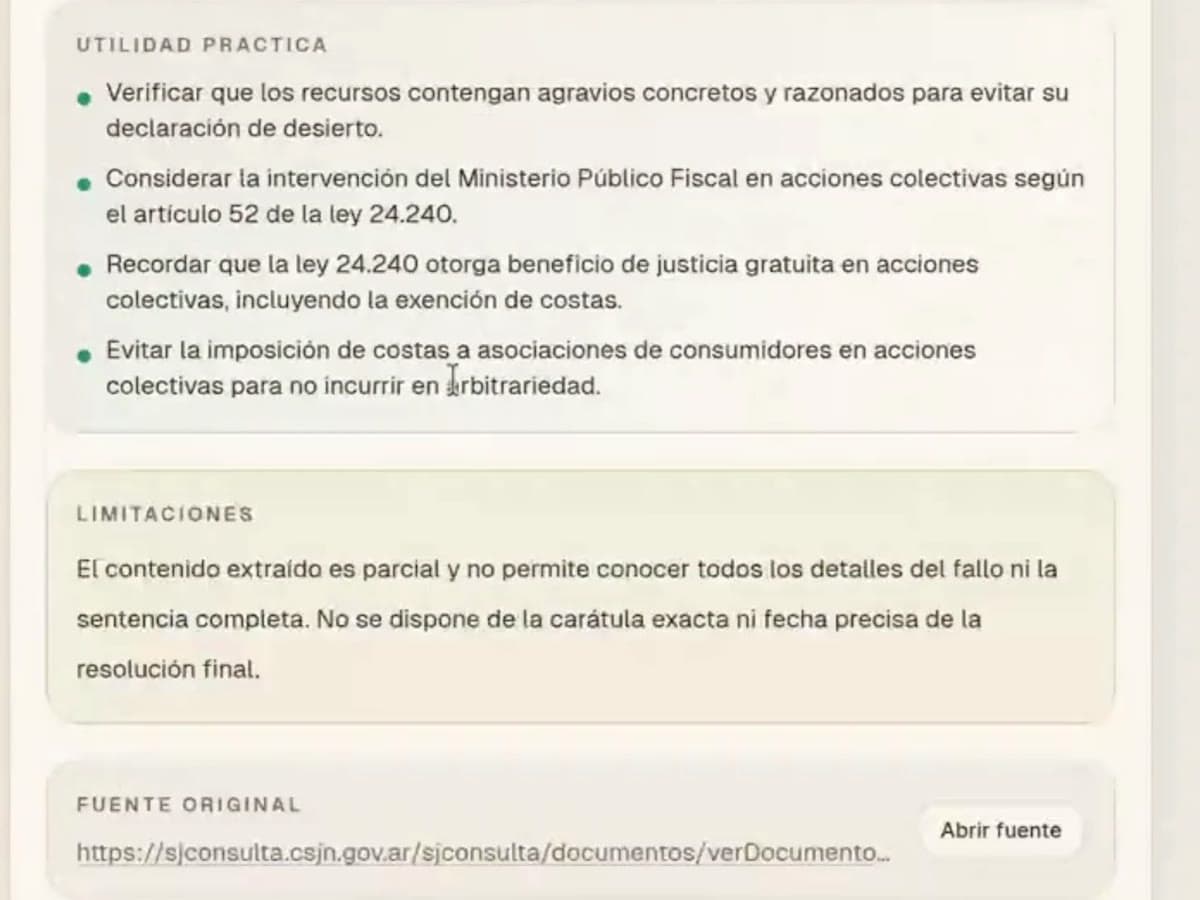 Respuesta de Laurel con un bloque de utilidad práctica, un bloque de limitaciones donde aclara que el contenido extraído es parcial, y la fuente original enlazada al sitio de la Corte Suprema de Justicia de la Nación.