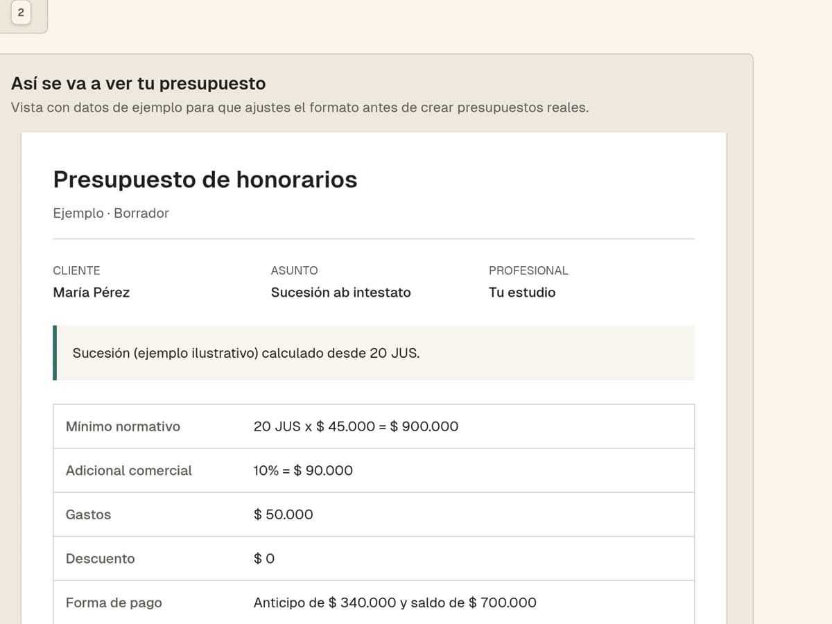 Presu con la configuración del estudio a la izquierda y la vista previa del presupuesto a la derecha: mínimo normativo calculado en JUS, adicional comercial, gastos y forma de pago.