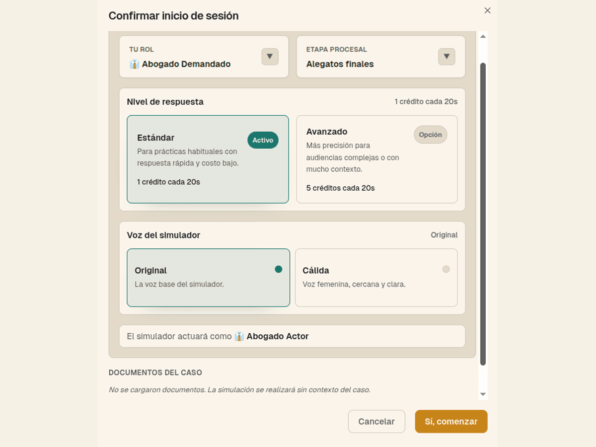 Configuración de una sesión de SimuA: rol Abogado Demandado, etapa procesal Alegatos finales, nivel de respuesta Estándar o Avanzado con su costo en créditos, y elección de la voz del simulador.